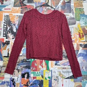 Hollister Womens Maroon Long Sleeve Scoop Neck Cropped Lace Sweater Size S